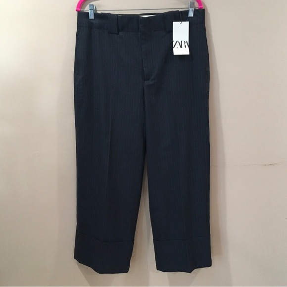 ZARA pants Striped Large Womens Trouser Navy Hi Waist ZW Collection 4042/259 New - Picture 7 of 16